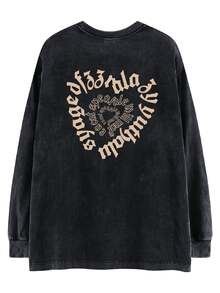Oversized Vintage Black English Print Long Sleeve T-Shirt, Loose And Slimming Design Casual Spring - Black - View 3
