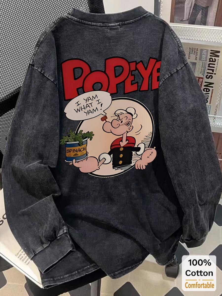 Oversized Vintage Washed Black Long Sleeve T-Shirt, Loose And Flattering Design - Black - View 1