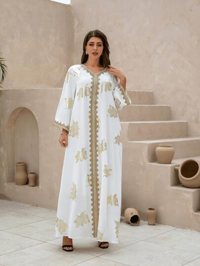 Women's Elegant V-Neck Floral Embossed Kaftan Dress