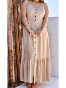 Elegant Women's Midi Dress In Viscose With Padded Cups, Lining, Adjustable Straps And Front Buttons - 米色 - 查看 3
