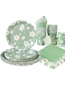 100pcs Sage Green & White Flower Petal Dinnerware Set, 7/9 Inch Disposable Paper Plates With White Flower Petals For Birthday Party Decor, Disposable Paper Cups And Napkins, Green Floral Birthday Party Supplies - Multicolor - View 1