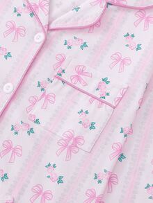 Set de pijamale pentru femei cu 2 buc., cu decor floral și fundă, top cu mânecă lungă și pantaloni largi cu talie elastică, potrivit pentru primăvară, toamnă, iarnă, petreceri de sărbători, pijamale casual și lenjerie de casă, haine de toamnă