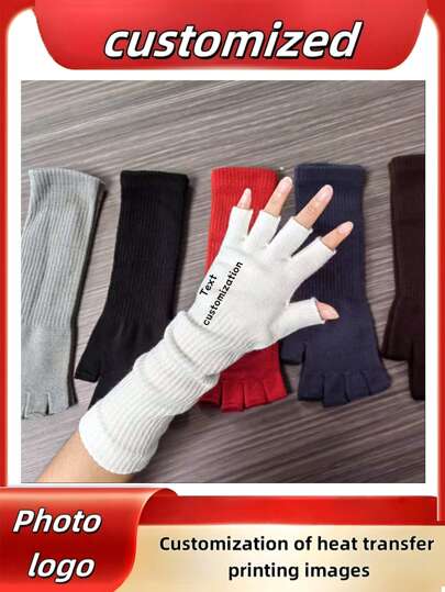 Custom Fingerless Gloves, Adult Long Ribbed Cuff Solid Color Half Finger Gloves, Writing Windproof Warm Exposed Finger Gloves, Fashion Elastic Long Wrist Protector