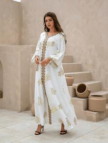 女士优雅V领花卉压花长袍连衣裙 - 白色 - 查看 2