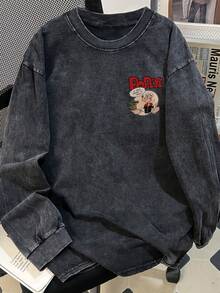 Oversized Vintage Washed Black Long Sleeve T-Shirt, Loose And Flattering Design - Black - View 2