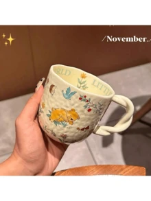 自然动物图案陶瓷杯，创意扭纹手柄卡通水杯，早餐杯，咖啡杯，送给朋友和爱人的礼品套装 - 彩色 - 查看 12