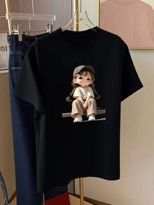 纯棉短袖中长款T恤女式上衣，黑色卡通女孩时尚款 - 黑色 - 查看 2