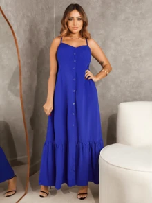Elegant Women's Midi Dress In Viscose With Padded Cups, Lining, Adjustable Straps And Front Buttons - 寶藍色 - 查看 4