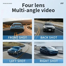 Cámara de salpicadero de 4 canales 1080P con visión nocturna, lente ajustable, grabación en bucle, monitor de estacionamiento de 24 horas, alimentación de enchufe del coche, voltaje de funcionamiento de 5 V, no impermeable, batería recargable, incluye opción de tarjeta de 64 GB