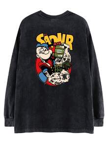 Oversized Vintage Black Cotton Washed Long Sleeve T-Shirt Women, Cartoon Print Loose Flattering Design