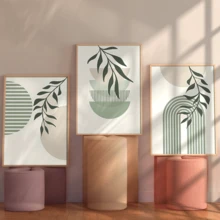 3pcs/Set Modern Wall Art Poster, Boho Soft Color Abstract Canvas Prints, Green Geometry Plant Art, Botanical Poster, Sage Green And Beige, Neutral Tones, Minimalist, Bohemian Art, Framed Or Unframed, Room Decor, Home Decor, College Dorm Apartment Decor, Gifts For Wall Decoration In Hotel, Home, Living Room, Bedroom, Bathroom And Office - Multicolor - View 2