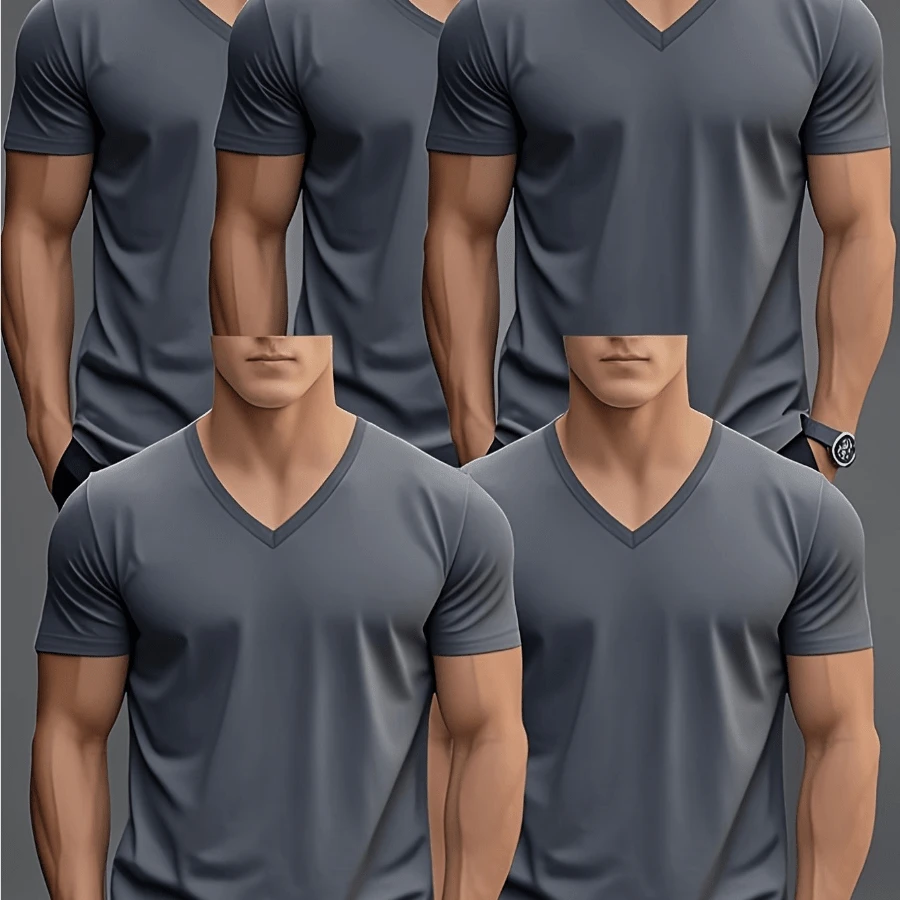 Men'S Spring Summer Solid Color Simple V-Neck Casual Sports Short Sleeve T-Shirt 5pcs, Perfect For Outdoor - Dark Gray - View 1