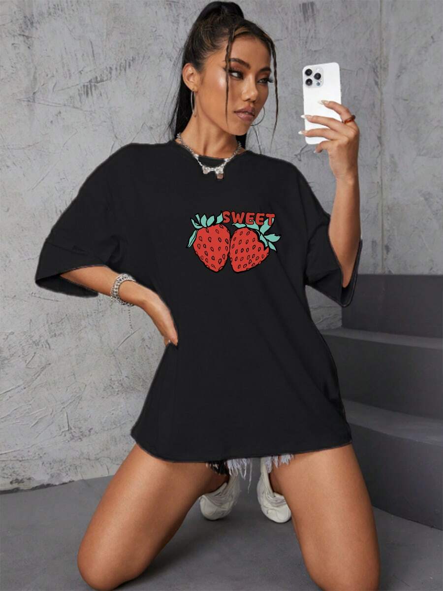 Camiseta Mujer Estampado Fresa Primavera y Verano Casual Suelta Cuello Redondo Manga Corta - Negro - Ver 1