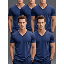 Men'S Spring Summer Solid Color Simple V-Neck Casual Sports Short Sleeve T-Shirt 5pcs, Perfect For Outdoor - 黑色 - 查看 3