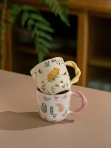 自然动物图案陶瓷杯，创意扭纹手柄卡通水杯，早餐杯，咖啡杯，送给朋友和爱人的礼品套装 - 彩色 - 查看 6