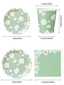 100pcs Sage Green & White Flower Petal Dinnerware Set, 7/9 Inch Disposable Paper Plates With White Flower Petals For Birthday Party Decor, Disposable Paper Cups And Napkins, Green Floral Birthday Party Supplies - Multicolor - View 2