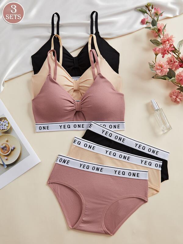 3SETS Ladies Sexy Openwork French Bra Briefs Suit, Comfortable And Wireless, Letter Printed Sling Tube Top Beautiful Back, Chest Pad Wrapped, Sports Bra Suit.