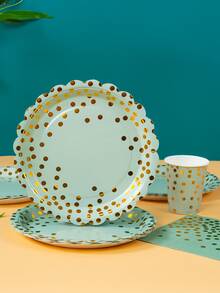 100 件鼠尾草绿和金色波尔卡圆点花卉纸盘套装，7/9 英寸一次性生日快乐派对装饰品金色波尔卡圆点花卉纸盘和餐巾，一次性纸杯和纸巾，花卉生日派对用品 - 彩色 - 查看 3