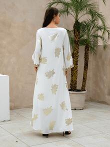 女士优雅V领花卉压花长袍连衣裙 - 白色 - 查看 7