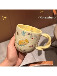 自然动物图案陶瓷杯，创意扭纹手柄卡通水杯，早餐杯，咖啡杯，送给朋友和爱人的礼品套装 - 彩色 - 查看 15