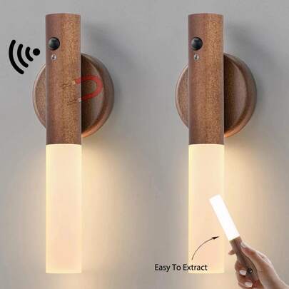 Kit 2 Luminaria Luz Led Recarregável Sensor de Movimento Arandela de Madeira Minimalista Lâmpada Magnética Mesa/Parede