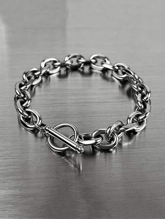 1pc Silver Chunky Chain Bracelet With OT Clasp, Versatile For Music Festivals, Birthdays, Surprises