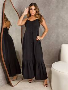 Elegant Women's Midi Dress In Viscose With Padded Cups, Lining, Adjustable Straps And Front Buttons - Hitam - View 2