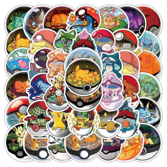 pokemon 55pcs Cute Ball Stickers, Adorable Decal For DIY Decoration On Skateboard, Phone, Notebook, Bicycle, Refrigerator, Waterproof PVC Graffiti Stickers