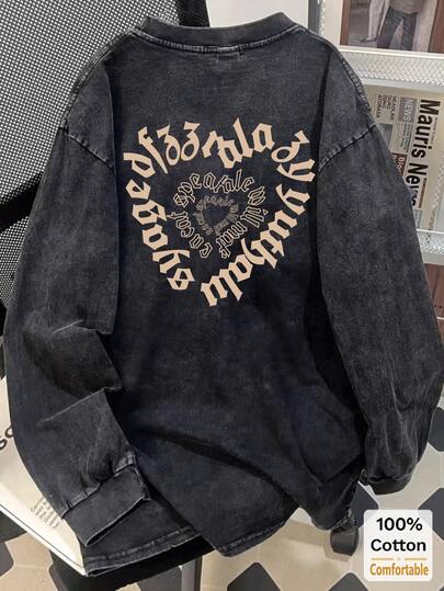 超大复古黑色棉质水洗英伦印花长袖T恤，宽松修身设计