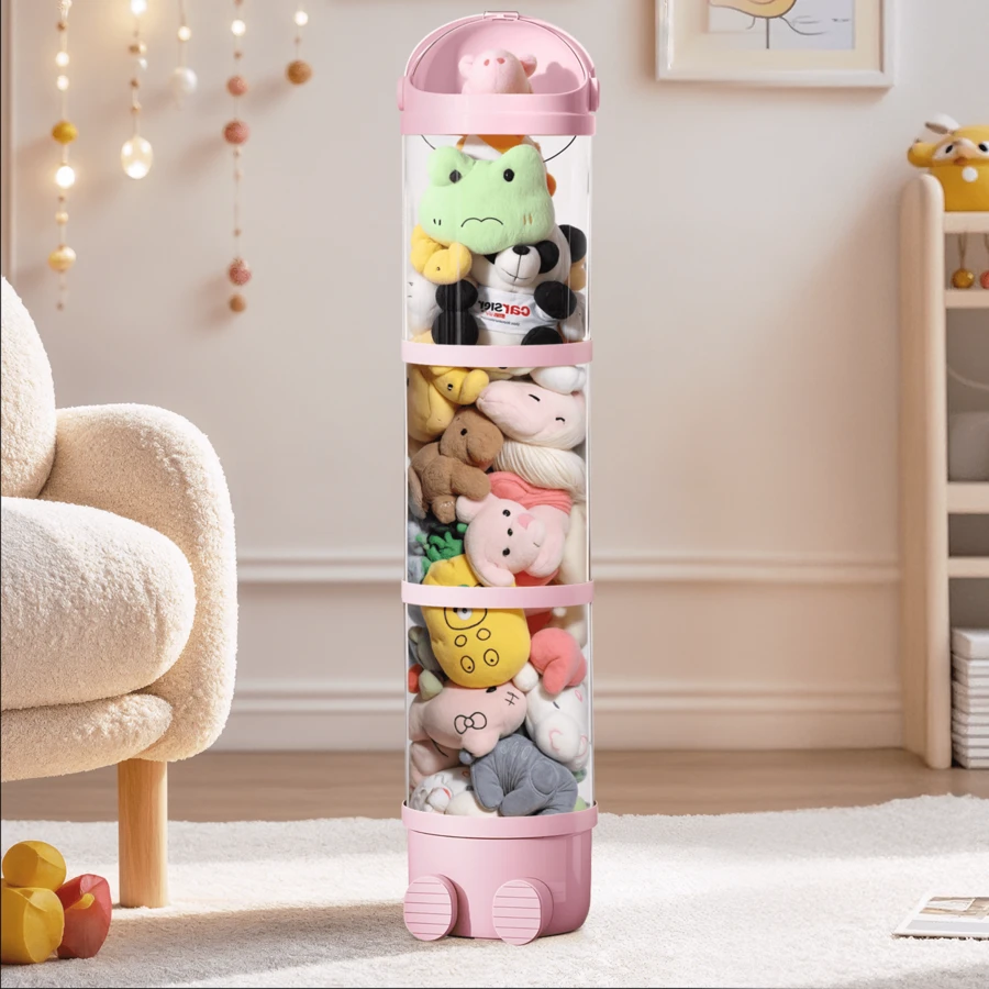 Senmeo 1 Piece 51.18-Inch Plush Toy Storage Bucket With Transparent Window Design, Convenient Opening, Layered Storage, Suitable For Children's Room, Living Room And Bedroom Use, Multi-Layer Structure Plush Toy Storage Tube - 粉色 - 查看 1