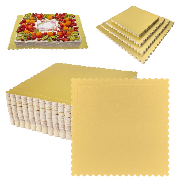 10PCS Square Gold Cake Paper Boards, Scallop Edge Grease Proof Durable Disposable Cakeboard - Thickening Base Stand Bakery Boards For Wedding Birthday Cake Decorating Supplies, Pizza Base Cake Plate Accessories
