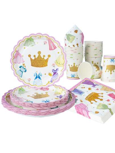 100pcs Princess Birthday Party Tableware Set, 7/9 Inch Disposable Paper Plates Princess Themed Birthday Party Decorations, Disposable Paper Cups Napkins, Suitable For Party Sweet Fairy Tale Tableware Set, Dessert Plates Napkins Cup Set