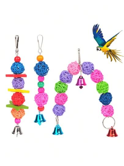 Random Color Parrot Rattan Ball Toy, S/M/L, Bird Supplies, Hanging Cage Toy, Rattan Ball, Wooden Beads, Bells, Handmade Woven Pet Decor