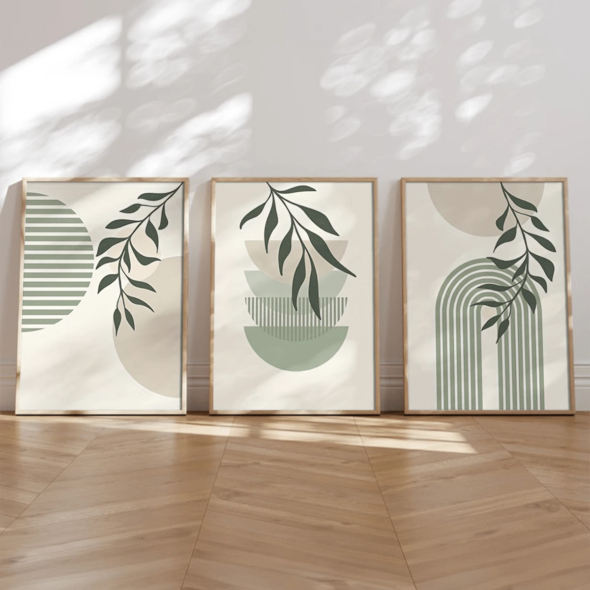 3pcs/Set Modern Wall Art Poster, Boho Soft Color Abstract Canvas Prints, Green Geometry Plant Art, Botanical Poster, Sage Green And Beige, Neutral Tones, Minimalist, Bohemian Art, Framed Or Unframed, Room Decor, Home Decor, College Dorm Apartment Decor, Gifts For Wall Decoration In Hotel, Home, Living Room, Bedroom, Bathroom And Office - Multicolor - View 1