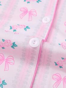 Set de pijamale pentru femei cu 2 buc., cu decor floral și fundă, top cu mânecă lungă și pantaloni largi cu talie elastică, potrivit pentru primăvară, toamnă, iarnă, petreceri de sărbători, pijamale casual și lenjerie de casă, haine de toamnă