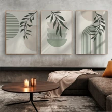 3pcs/Set Modern Wall Art Poster, Boho Soft Color Abstract Canvas Prints, Green Geometry Plant Art, Botanical Poster, Sage Green And Beige, Neutral Tones, Minimalist, Bohemian Art, Framed Or Unframed, Room Decor, Home Decor, College Dorm Apartment Decor, Gifts For Wall Decoration In Hotel, Home, Living Room, Bedroom, Bathroom And Office - Multicolor - View 5