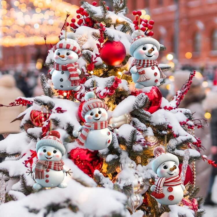 5pcs Cute Christmas Snowman Hanging Ornaments, Christmas, New Year, Christmas Tree Decor, Birthday, Wedding, Holiday Celebration Decoration, 2D Acrylic Hanging Ornaments - Multicolor - View 8