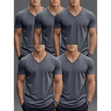 Men'S Spring Summer Solid Color Simple V-Neck Casual Sports Short Sleeve T-Shirt 5pcs, Perfect For Outdoor - trắng - Xem 2