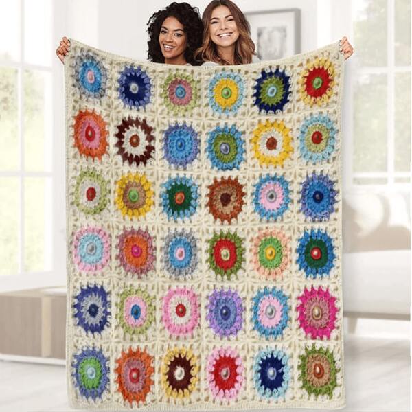 (Non-Crochet Print) 1pc Vibrant Floral 3D Print Blanket - Soft Polyester Material, Suitable For Sofa, Bed, Office, Car, Camping, Best Gift And Camping Essential | Vibrant Faux Crochet Blanket | Polyester Fiber, Crochet Blanket
