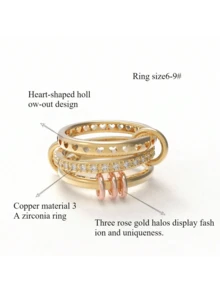 1 Set de Anillos de Cobre Incrustados con Circonita Cúbica de Varios Estilos, Anillos Chapados en Oro Dorado Que No Se Desvanecen, Set de Anillos Apilables, Mejor Joyería Decorativa para Mujeres - Multicolor - Ver 3