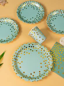 100 件鼠尾草绿和金色波尔卡圆点花卉纸盘套装，7/9 英寸一次性生日快乐派对装饰品金色波尔卡圆点花卉纸盘和餐巾，一次性纸杯和纸巾，花卉生日派对用品 - 彩色 - 查看 5
