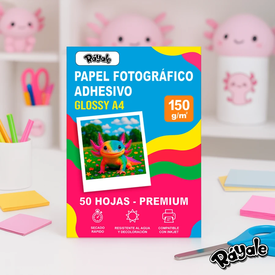 Rayale Papel Fotográfico Adhesivo Glossy A4 Premium – Pack 50 hojas de 150 gr para Stickers, Emprendimientos, Fotos, Empaques, Etiquetas, Cuadernos – Compatible con Impresoras Inkjet - Blanco - Ver 1