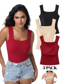 3pcs/Set Built-In Bra Tank Top Ribbed Slim Fit Wirefree Shelf Padded Tank Shirts Wide-Strap Square Neck - 彩色 - 查看 1