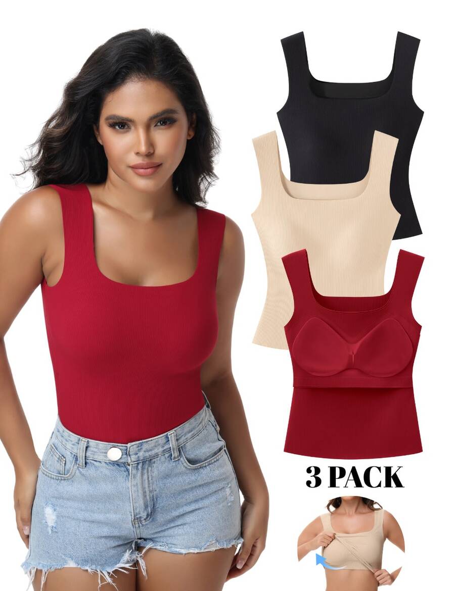 3pcs/Set Built-In Bra Tank Top Ribbed Slim Fit Wirefree Shelf Padded Tank Shirts Wide-Strap Square Neck - 彩色 - 查看 1
