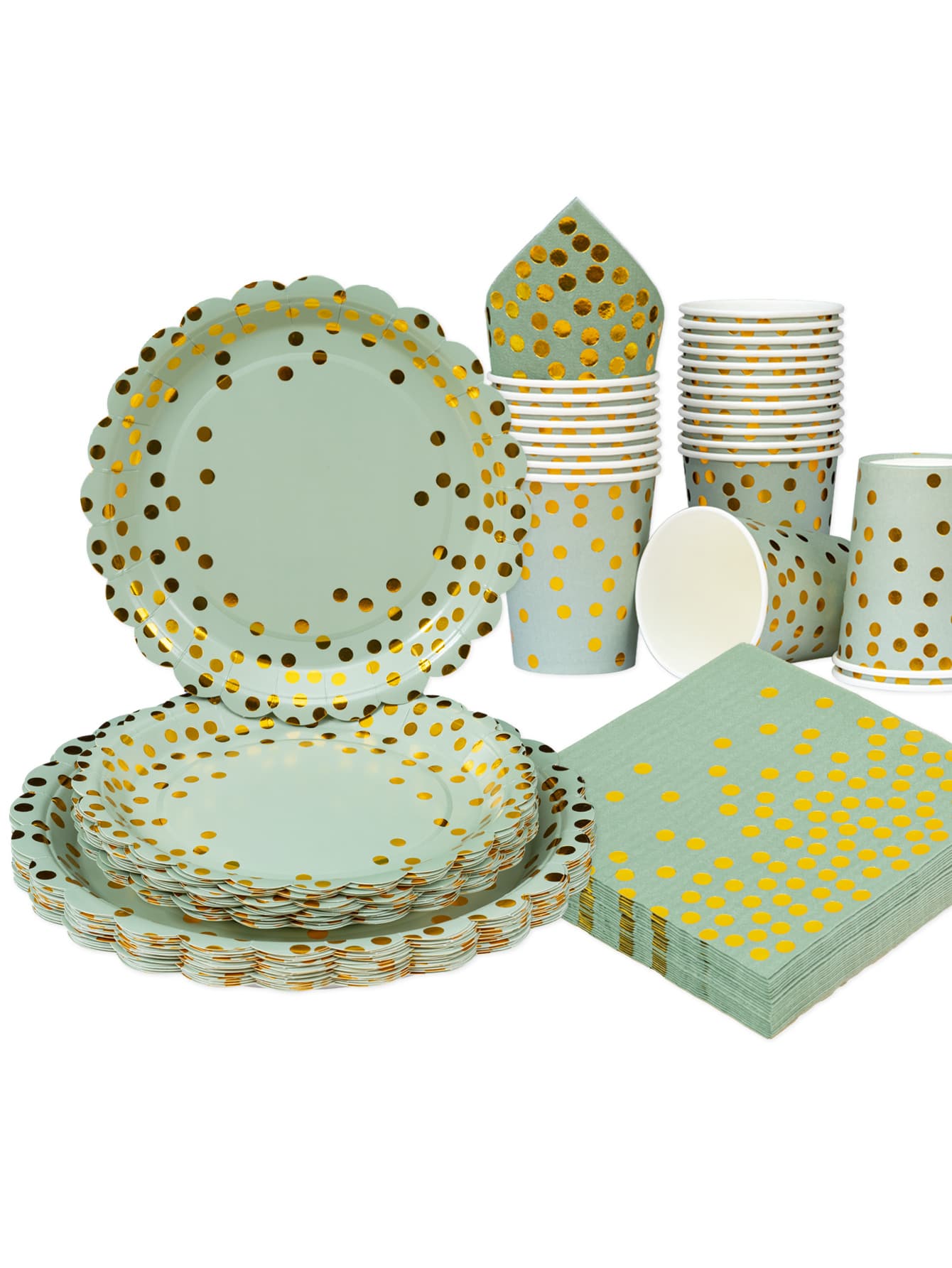 100 件鼠尾草绿和金色波尔卡圆点花卉纸盘套装，7/9 英寸一次性生日快乐派对装饰品金色波尔卡圆点花卉纸盘和餐巾，一次性纸杯和纸巾，花卉生日派对用品 - 彩色 - 查看 1