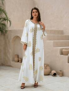 女士优雅V领花卉压花长袍连衣裙 - 白色 - 查看 4