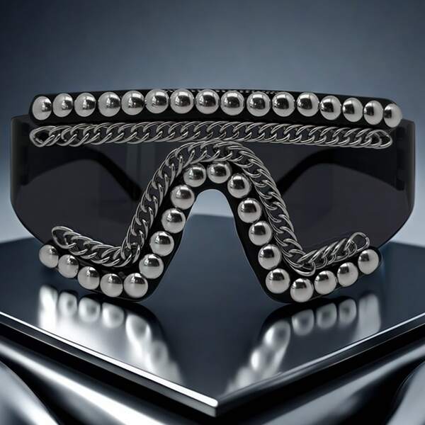 Herren und Damen Punk Mode Brille mit Metall Kette und Niet Dekorationen, Cyberpunk schwarze Schutzbrillen. Retro Stil Herren Mode Brille für Party, Urlaub, Halloween Accessoires Brillen