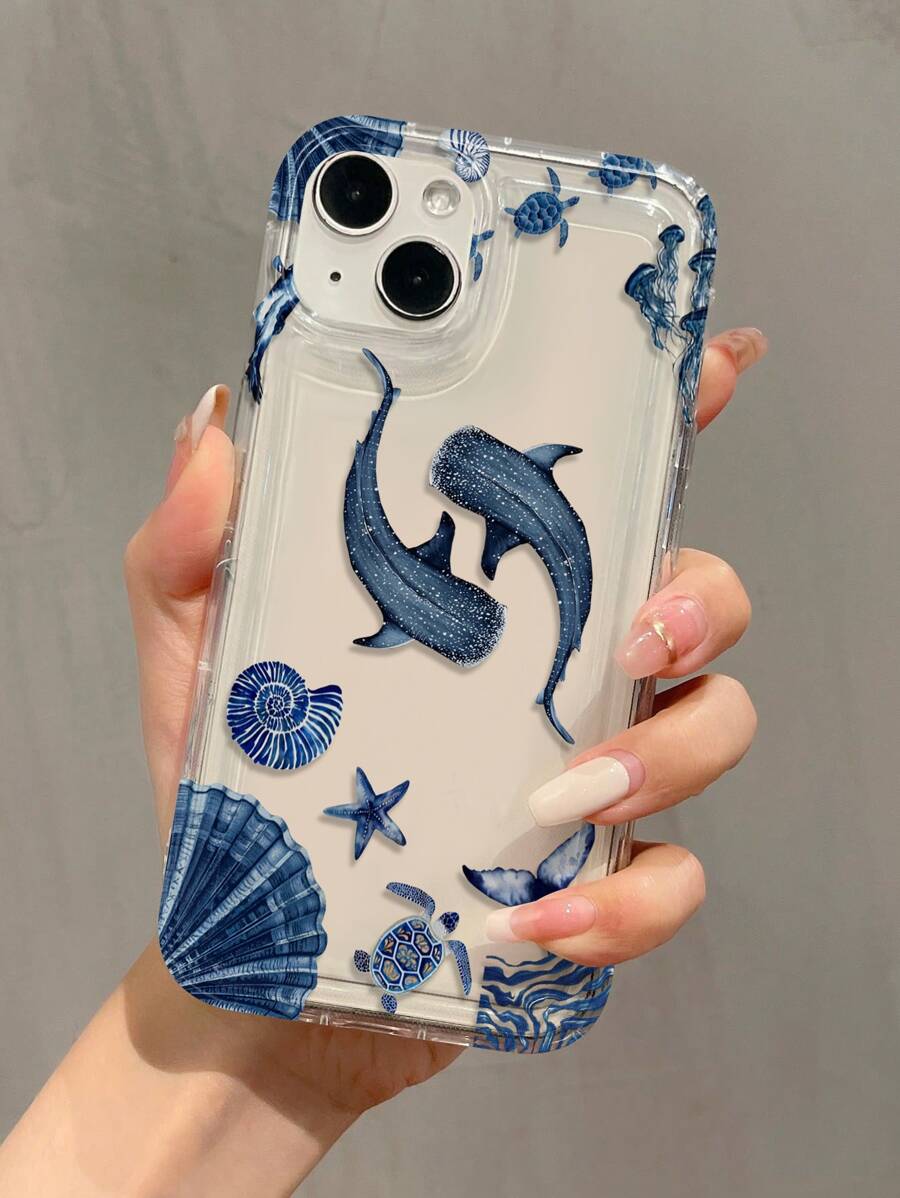 1 件气囊扇贝旋转海豚图案全覆盖 TPU 防震手机壳适用于 Apple 16 15 14 13 12 11 Pro Max，兼容三星系列防水防摔防刮