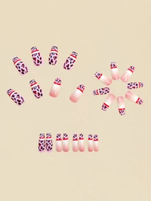 Leopard Nails Y2k Nails French Tip Nails This Mid-Length Square Nail Patch Is Detachable With 24 Pieces. The Pink Leopard Print Nail Patch Is Simple, Fashionable And High-End. It Is Suitable For Both Ladies And Girls.