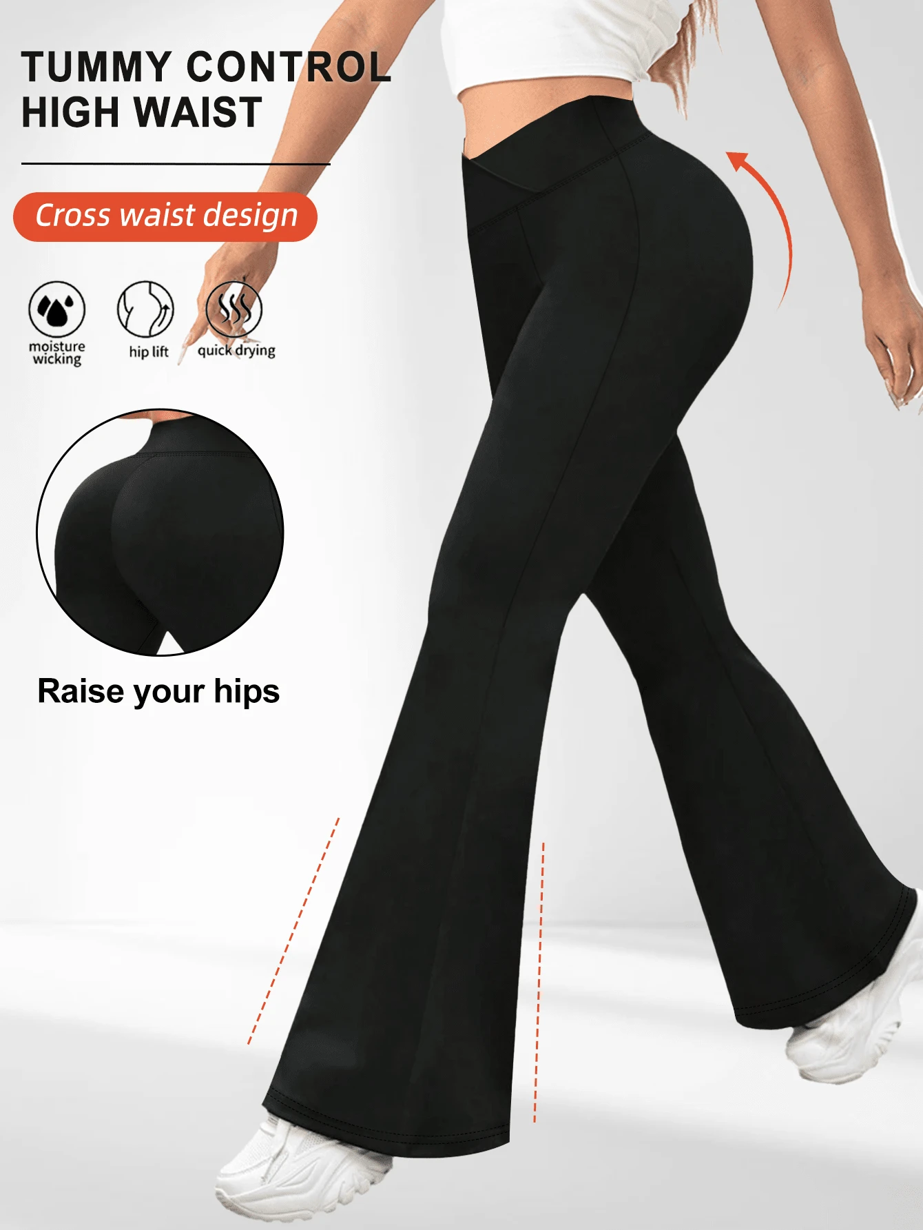 1pc Women's High Waist Wide Belt Criss-Cross Flare Leg Pants, Fitness Casual Trousers Suitable For Golf, Hiking, Camping, Outdoor Activities - Black - View 1